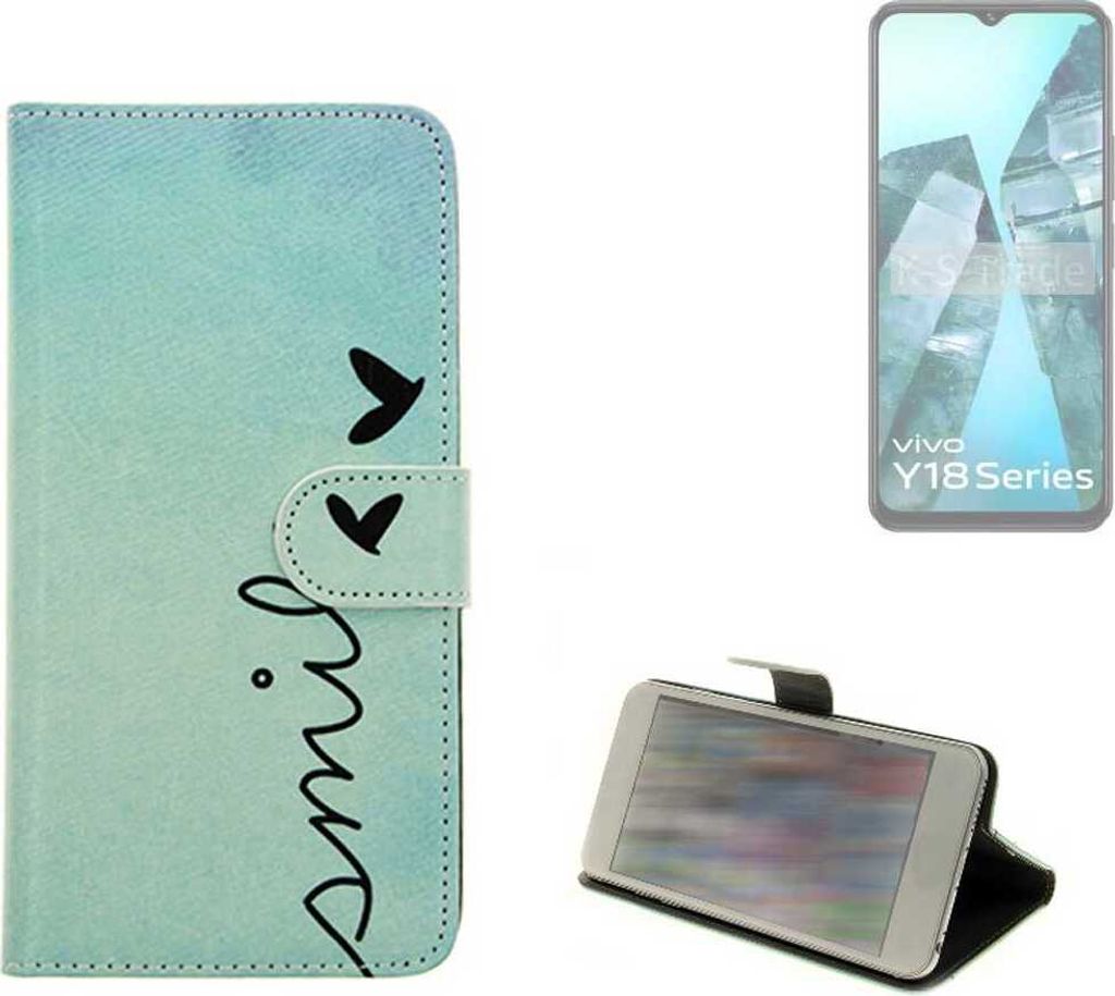 K-S-Trade Schutz Hülle Handy Hülle kompatibel mit Vivo Y18i Hülle Handyhülle cover bookstyle Etui Handyhülle “smile“ türkis Standfunktion