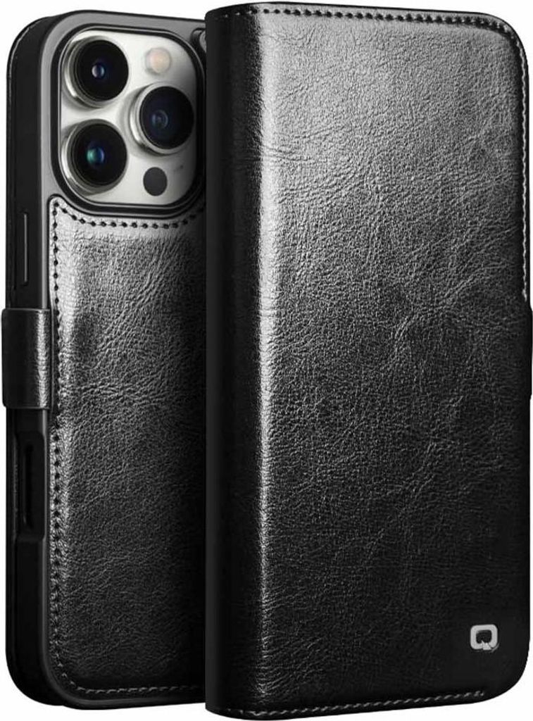 iPhone 16 Pro Max Hülle - QIALINO Genuine Leather Klapphülle - Echtes Leder - Schwarz