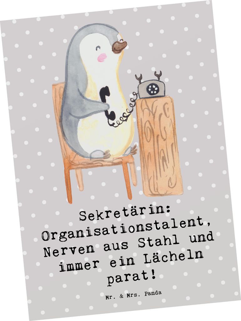 Mr. & Mrs. Panda Postkarte Sekretärin Heldin - Grau Pastell - Geschenk, personalisierte Geschenke, Berufspassion, Teamgeist, Chefetage, handgefert...