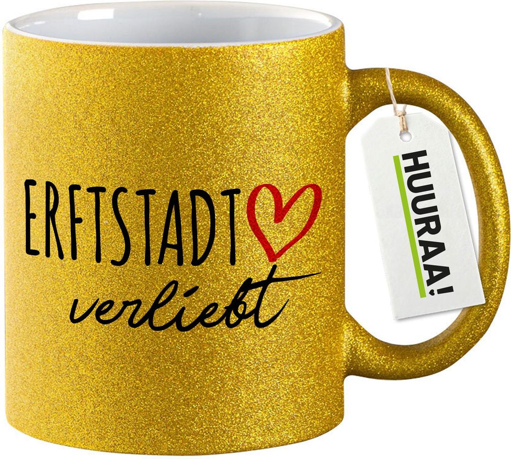 Huuraa Glitzertasse Erftstadt verliebt 330ml Gold Keramik Kaffeebecher Geschenkidee