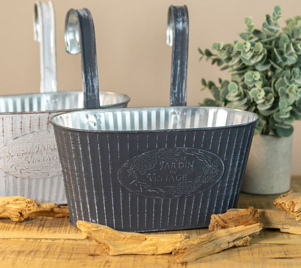 Metall Hängetopf grau mit 2 Henkel 25 x 13cm Blumentopf hängend Balkon Pflanz-Schale