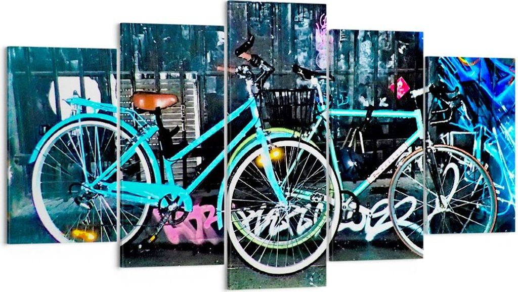 Bild auf Leinwand - Leinwandbild - Fahrräder Graffiti Straße Wand - 160x85cm - Wand Bild - Wanddeko - Leinwanddruck - Bilder - Kunstdruck - Wandd...