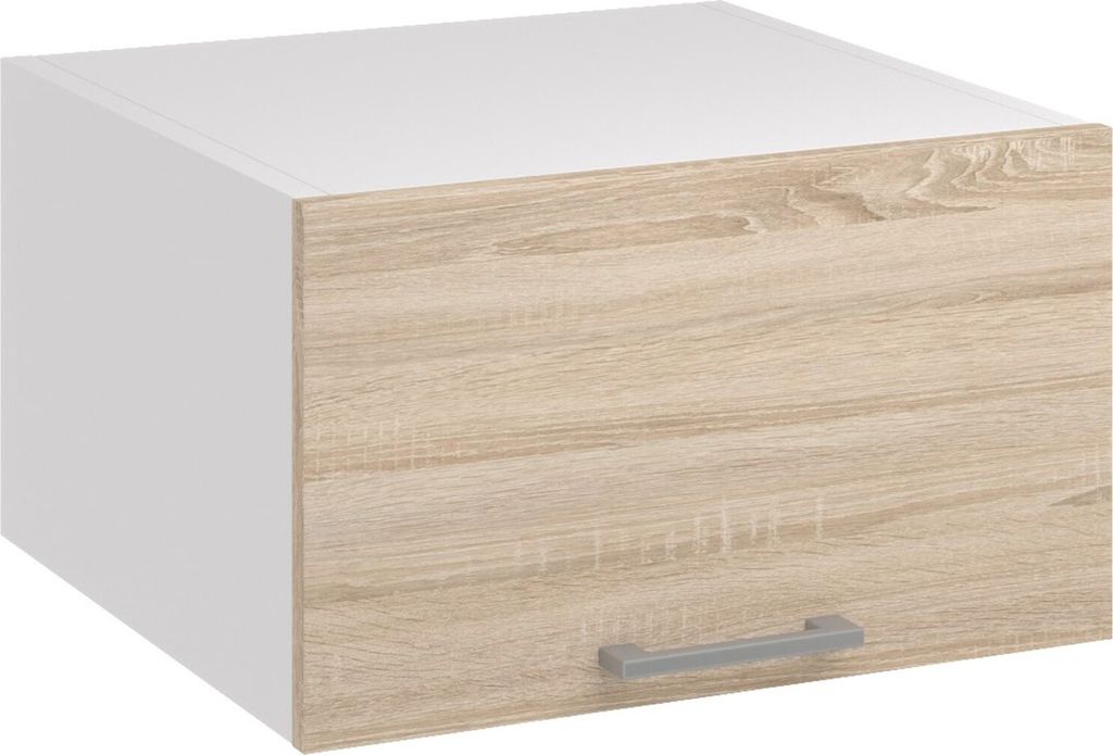A single kitchen cabinet with a light wood grain drawer and a white side and top.