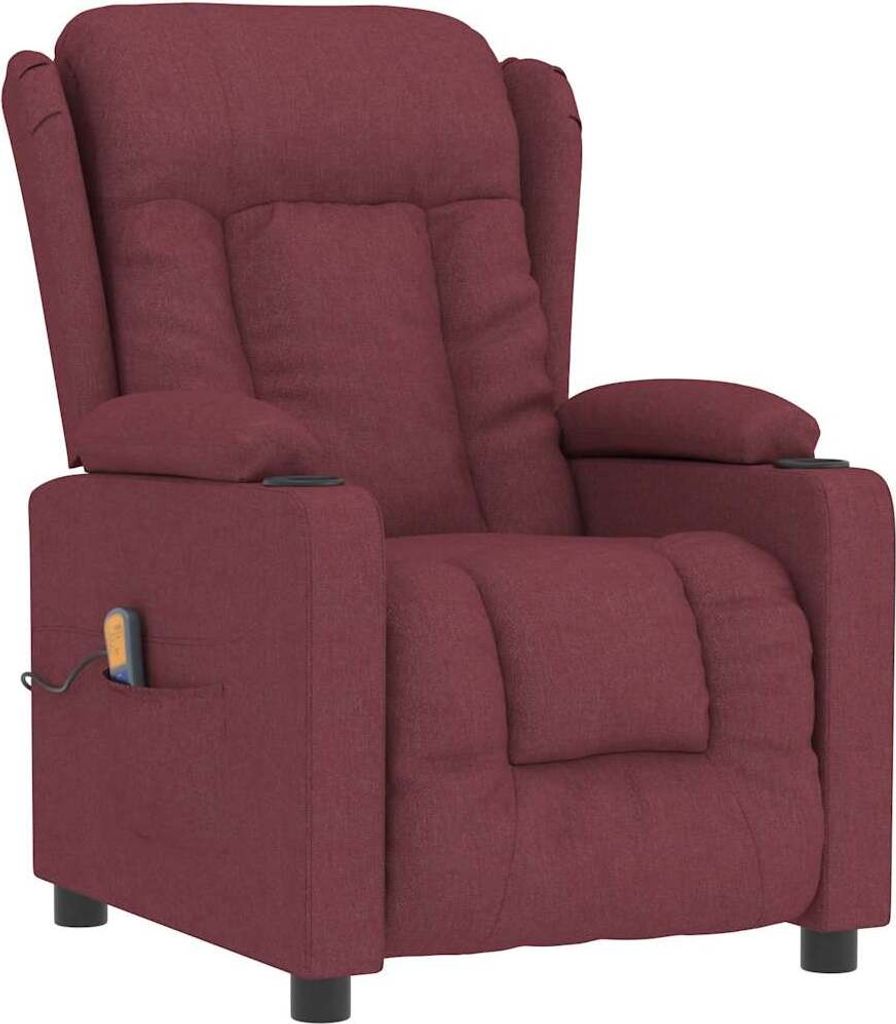 A burgundy fabric massage chair is shown against a white background.