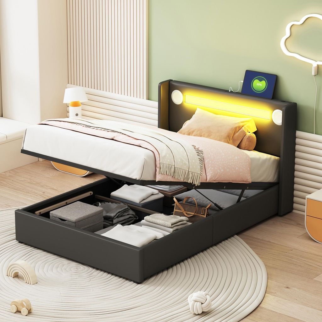Kinderbett, 90 x 200 cm, Kunstleder, LED-Beleuchtung, USB-Anschluss, Bluetooth, Staufach, Lattenrost, beige