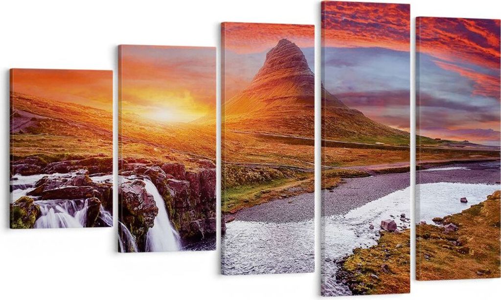 Bild auf Leinwand - Leinwandbild - 5 Teile - Kirkjufell Wasserfall Berg - 100x60cm - Wand Bild - Wanddeko - Wandbilder - Leinwanddruck - Bilder - W...