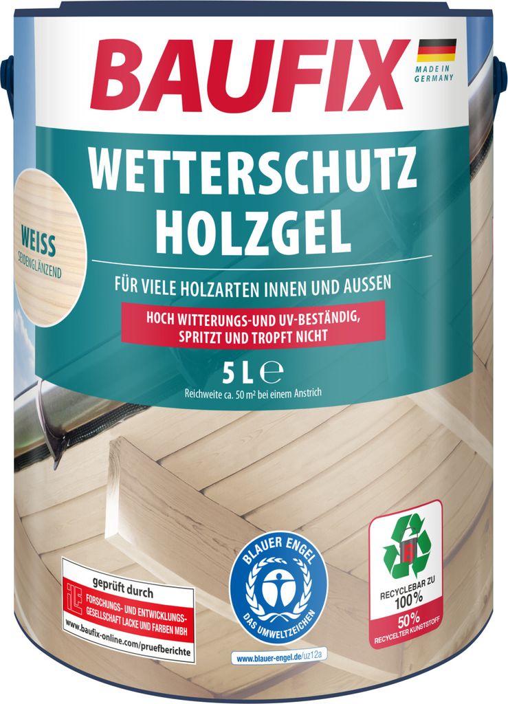 BAUFIX Wetterschutz-Holzgel weiss seidenglänzend, 5 Liter, Produktbild 1