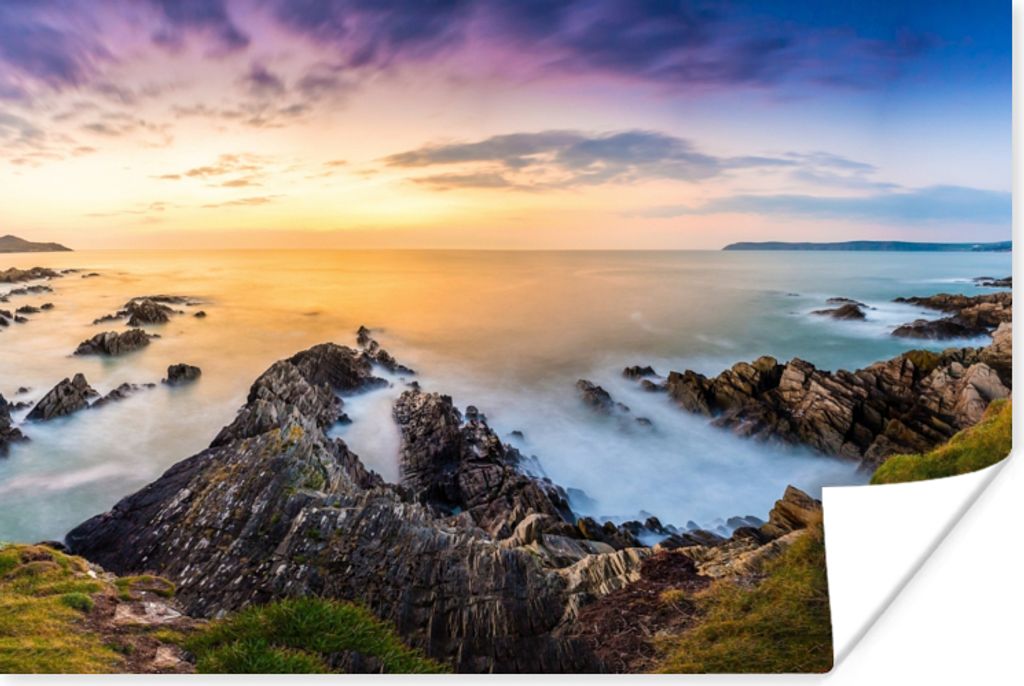 MuchoWow Poster Sonnenuntergang - Horizont - Wasser - Landschaft - Blau 90x60 cm - Schlafzimmer