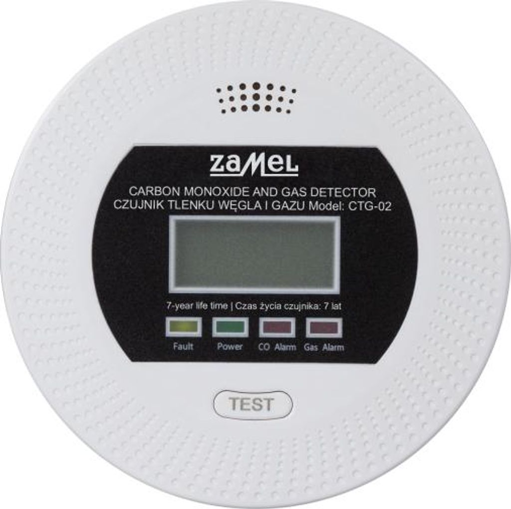 A white carbon monoxide and gas detector with a digital display and indicator lights.