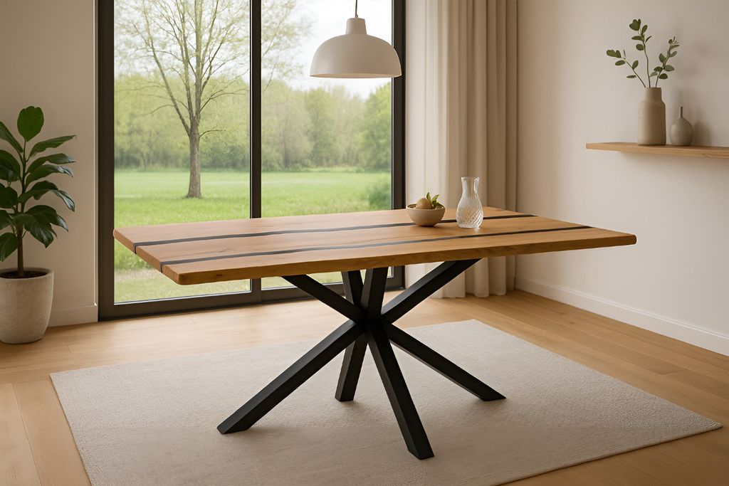 Refurbished Möbelretoure Baumkantentisch 160 x 85 cm Akazie natur Epoxidharz-River in Schwarz Spider-Gestell schwarz PEDRO
