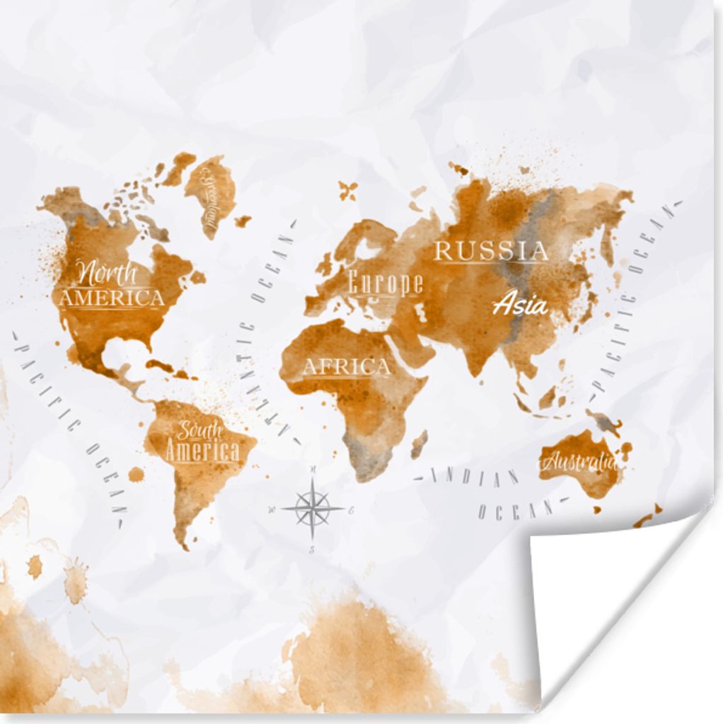 MuchoWow Poster Karte - Gold - Welt 30x30 cm - Wandposter - Printing