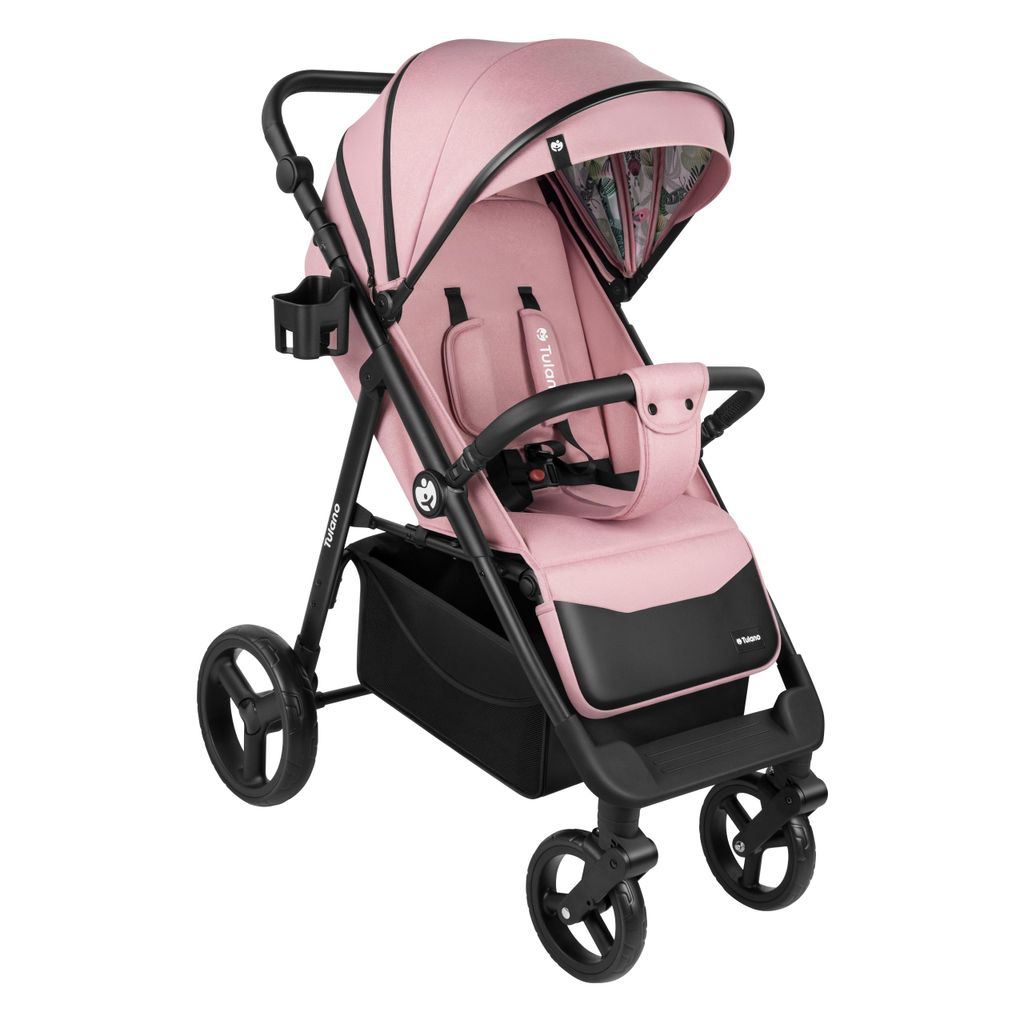 Tulano Kinderwagen Buggy Avignon 35 Flower Collection Pink Schwarz mit Liegefunktion Zubehör Set Regenschutz Fußsack 5-Punkt-Gurt EVA-Räder