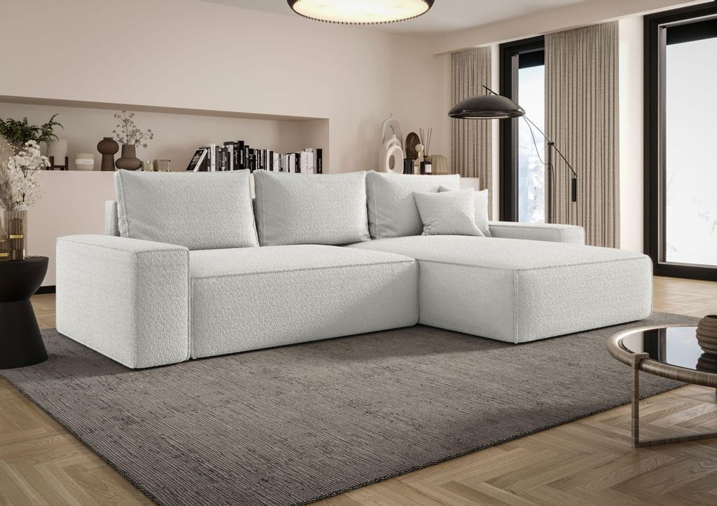BEDANTE ECKSOFA MONA mit Schlaffunktion QUELLE 01 Weiß Rechts L-Form Sofa mit Stauraum Bettkasten Wohnzimmersofa Couch Sofa Bettsofa Bettkasten Be...