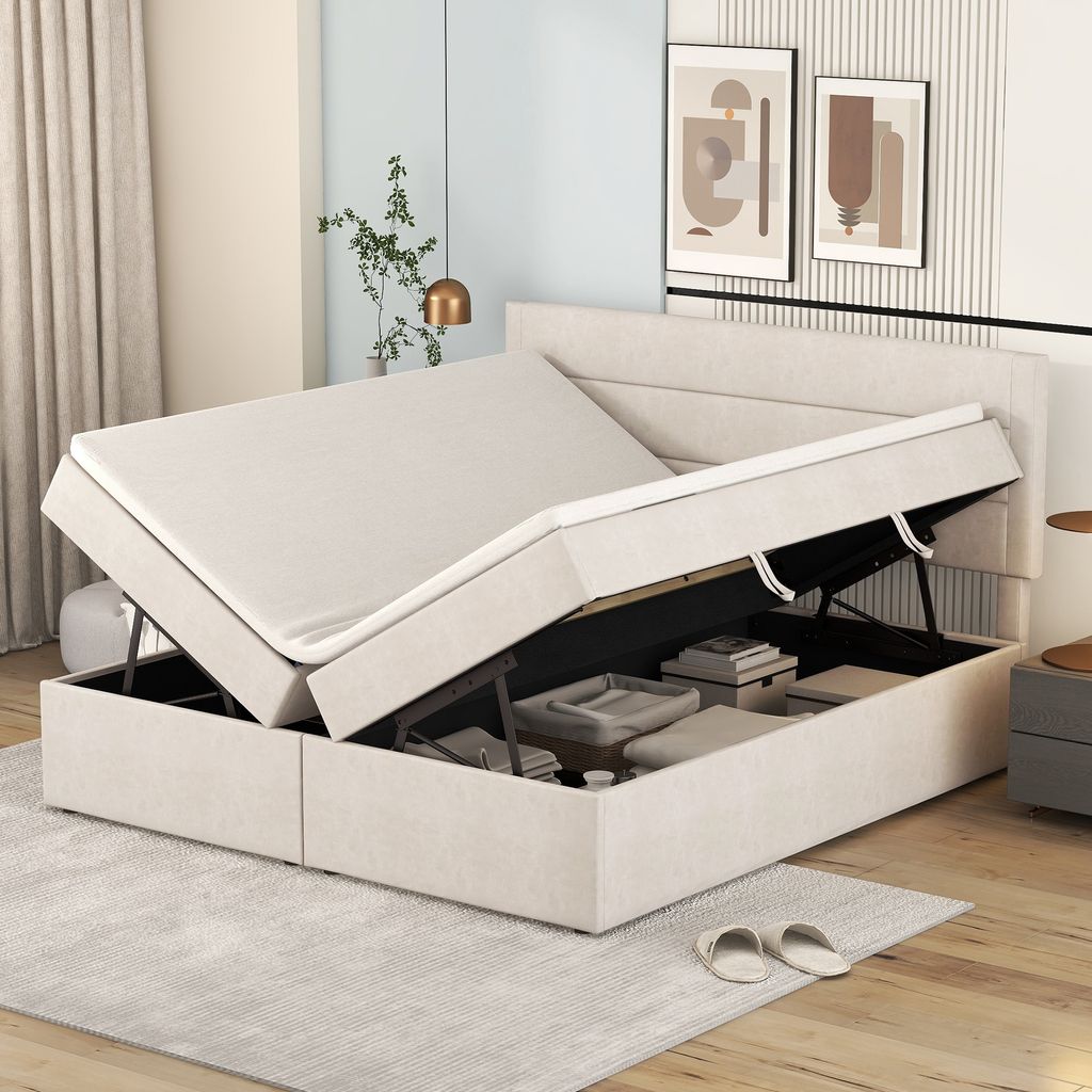 Flieks Polsterbett Doppelbett 140x200cm Stauraumbett mit Lattenrost, Jugendbett Boxspringbett mit Stauraum Boxbett, beige
