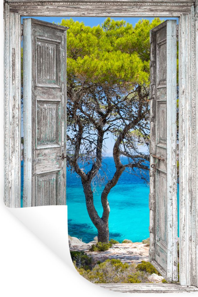 MuchoWow Wandtattoo Wandsticker Wandaufkleber Baum - Tropisch - Meer - Blick - Strand 80x120 cm Selbstklebend und Repositionierbar - Repositionie...