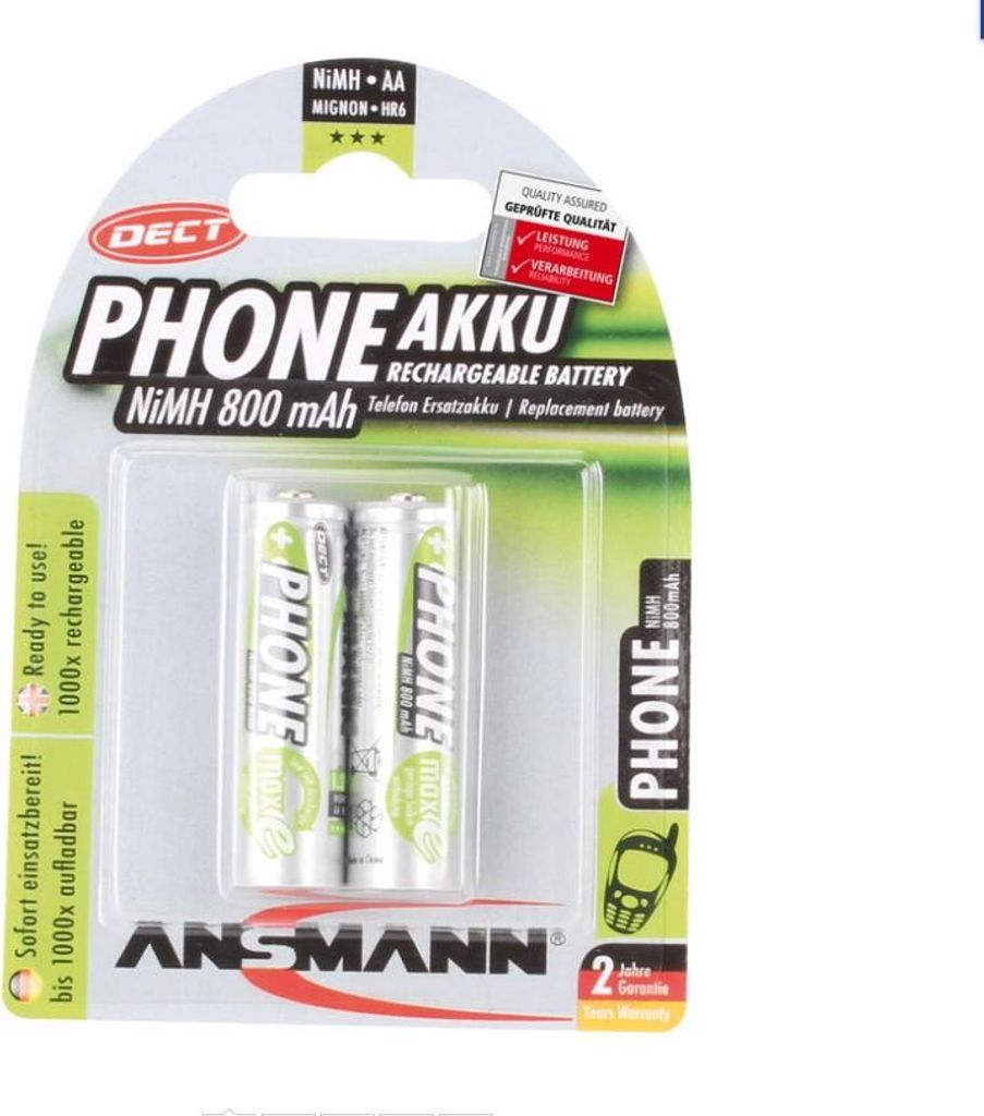 2 batterie ricaricabili ANSMANN DECT Mignon AA 800 mAh Immagine del prodotto 