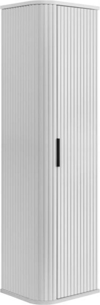 A tall, white cabinet with a ribbed door and a black handle, shown from a slight angle against a white background.