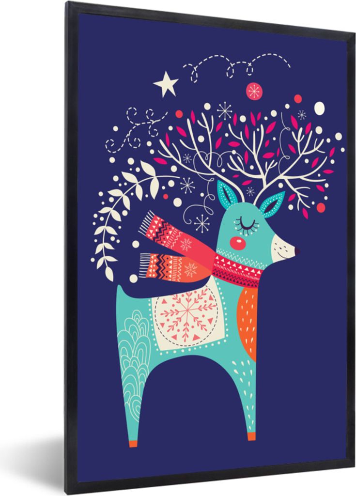 MuchoWow MuchoWow Gerahmtes Poster Rentier - Weihnachten - Winter - Weihnachtsdekoration 60x90 cm - Poster mit zchwarzem Bilderrahmen - Kunst