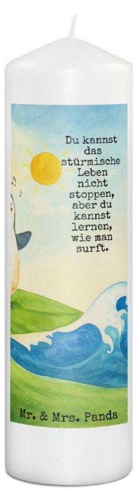 Mr. & Mrs. Panda Kerze Pinguin Surfer Design 29 x 8 cm XL - Weiß - Geschenk, Wellen, Blockkerze, Wachskerze, Erinnerungskerze, Motiviert, Urlaub, ...