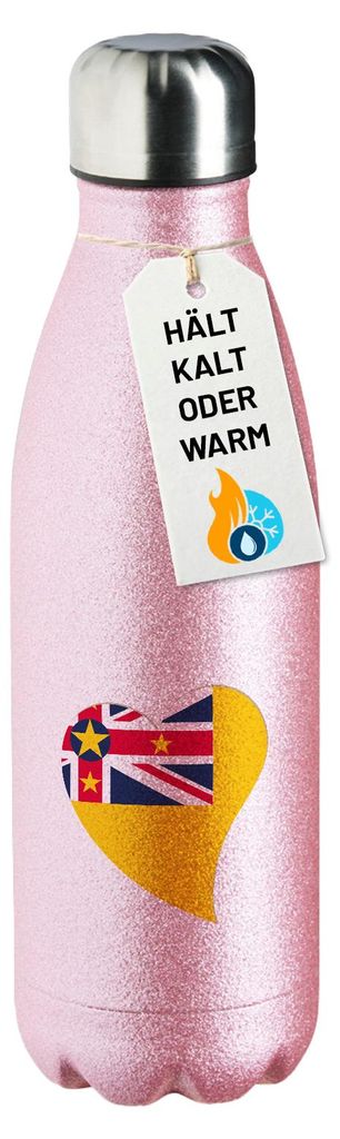 Huuraa Trinkflasche Niue Flagge Herz 500ml Pink Edelstahl Wasserflasche Trinkflasche Geschenkidee