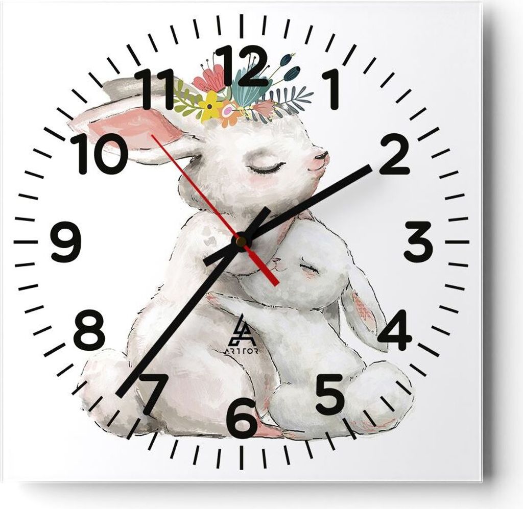 Wanduhr - Quadrat - Glasuhr - Kaninchen Hase Kinder - 30x30cm - Schleichendes Uhrwerk - Lautlos - zum Aufhängen bereit - Dekoration Modern - Wandd...