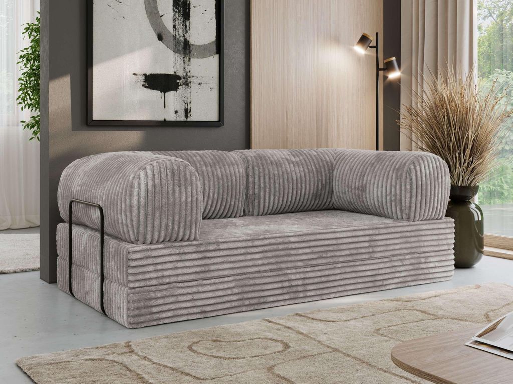 MKS MEBLE Schlafsofa 3-Sitzer ORSETTO 200 cm Sofa mit Schlaffunktion & Metallrahmen Modernes Design Ausziehcouch, HR-Schaum - Hellgrau Cord