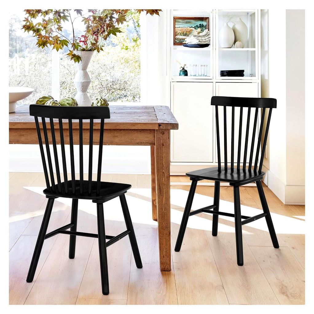 Esszimmerstühle 2er Set, Massivholzstuhl mit Spindel-Rückenlehne, Klassische Windsor Küchenstühle für Esszimmer und Wohnzimmer, Schwarz