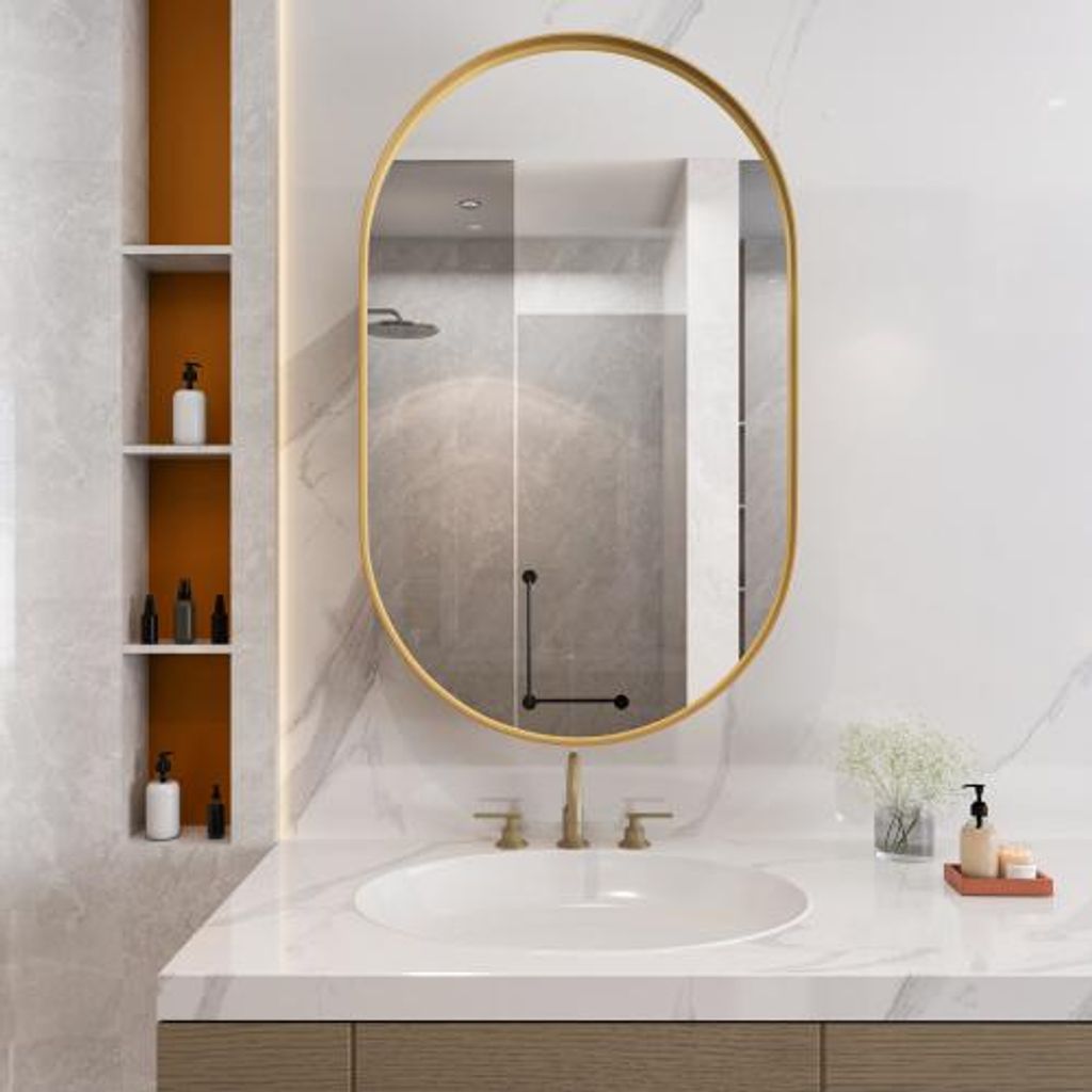 Wandschrank Gold 85x51.5x12 cm Oval Spiegel Einbau Wandschrank Metallrahmen Verstellbare Regale Badezimmer Wohnzimmer Schlafzimmer
