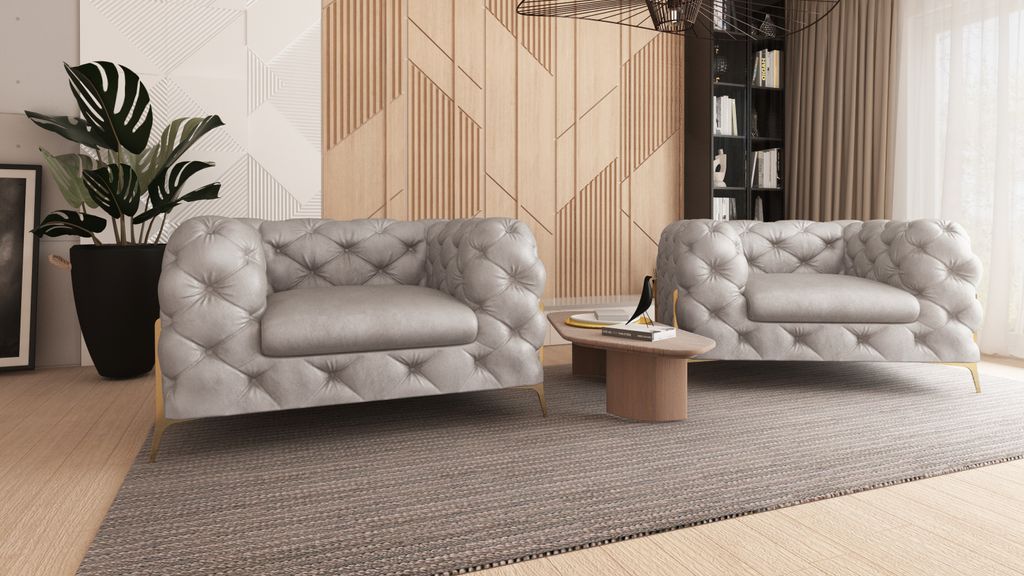 S-STYLE MÖBEL - Nebula - Chesterfield Sessel mit Goldene Metall Füßen aus Grau Samtstoff - B/T/H: 125 cm / 100 cm / 75 cm
