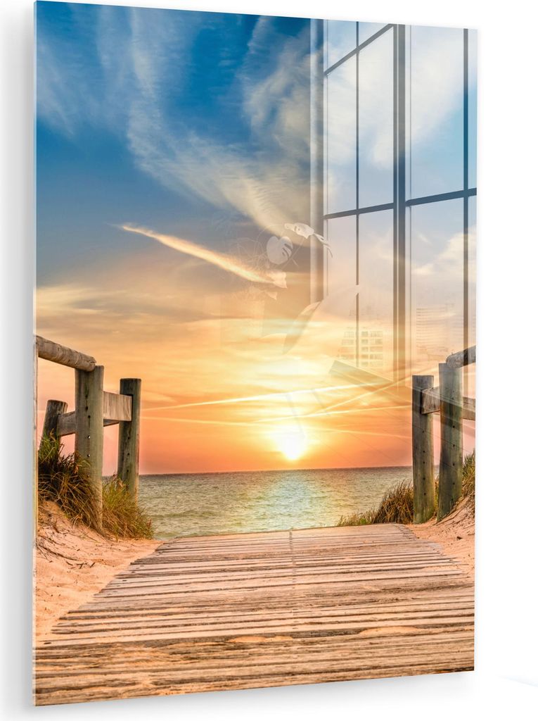 MuchoWow Glasbilder - Bilder auf Wandbild - Foto auf Glas Strand - Sonnenuntergang - Weg - Dünen 60x80 cm Wanddekoration aus Glas - Acrylglasbild ...