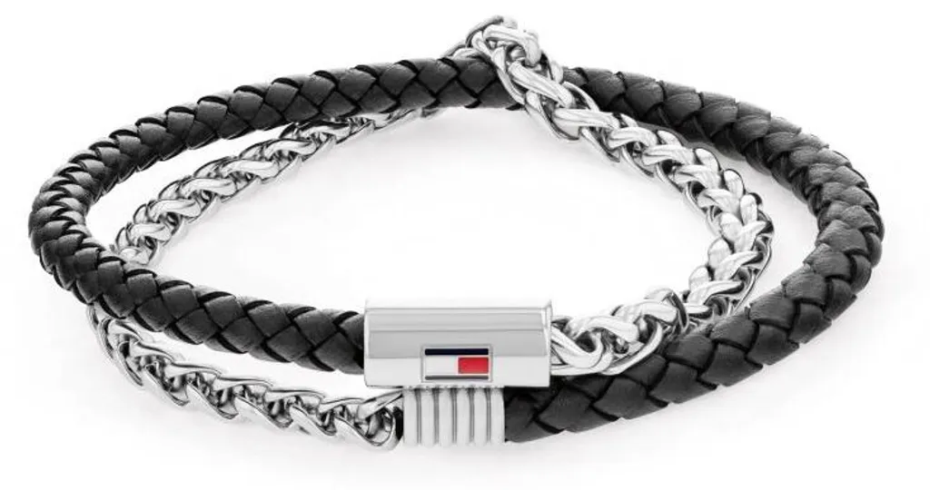 Bracelet Homme Double Rang en Cuir Noir et Acier Inoxydable Argenté