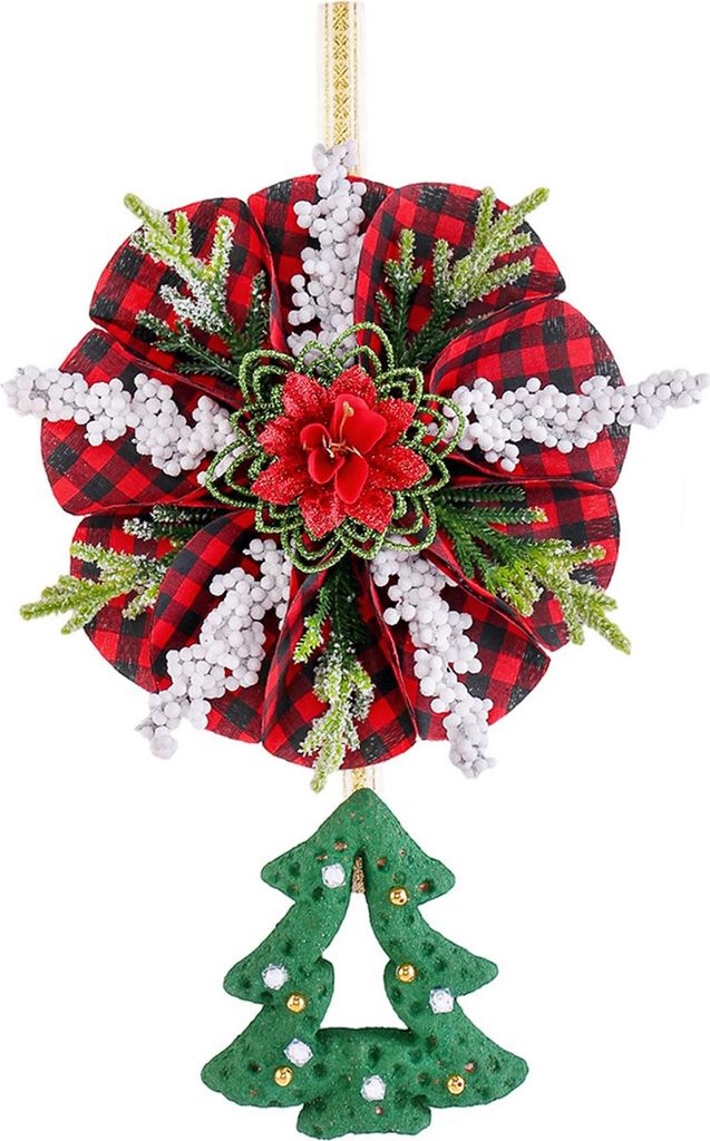 Weihnachtskranz-Dekoration: Rote künstliche Weihnachtssterne im Büffelkaromuster mit Stern-/Baum-Ornament für Wand, Fenster, Veranda, Tür, Inne...