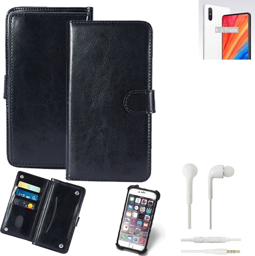 K-S-Trade 360° Hülle kompatibel mit Xiaomi Mi Mix 2S inkl. Headphones schwarz Kunstleder Case BookCase WalletCase Kunstlederederhülle Handyhülle,