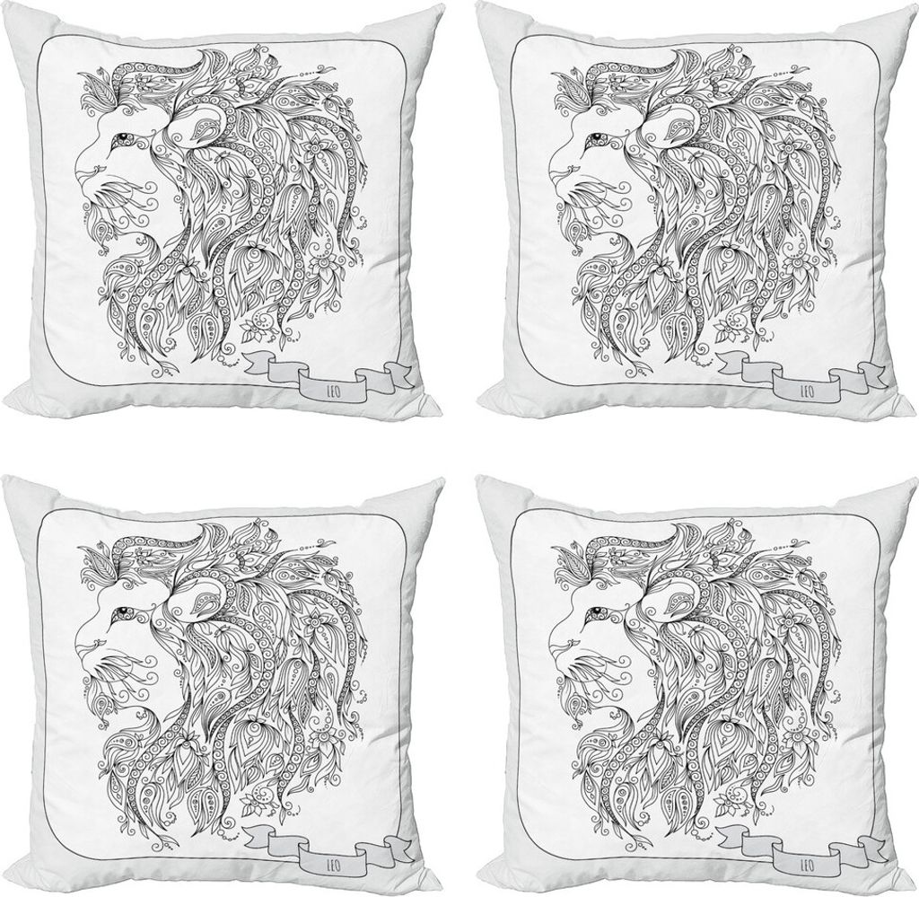 ABAKUHAUS Tierkreis Kissenbezug Set (4 Stück), Zodiac Leo Löwe-Zeichen, Moderner Doppelseitiger Digitaldruck, 40 cm x 40 cm, Schwarz-Weiss