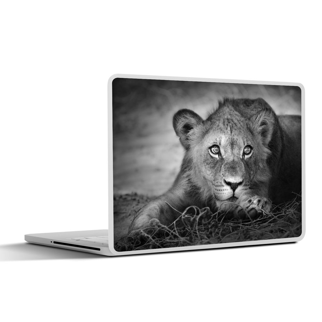 MuchoWow Laptop Aufkleber Sticker Cover Wildtiere - Löwe - Natur - Schwarz - Weiß 30x21 cm - Sticker für Laptop - Selbstklebend
