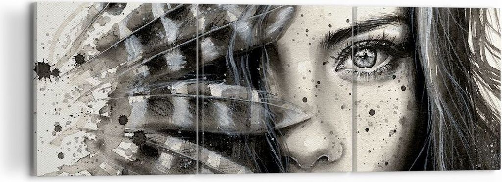 Bild auf Leinwand - Leinwandbild - Frau Federn Lippen Kunst. - 120x40cm - Wand Bild - Wanddeko - Leinwanddruck - Bilder - Kunstdruck - Wanddekorati...