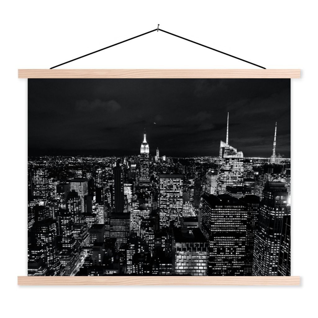 MuchoWow Textilposter Skyline - Schwarz - Weiß - New York - Amerika 60x45 cm mit holzfarbenen Rahmen - Bild