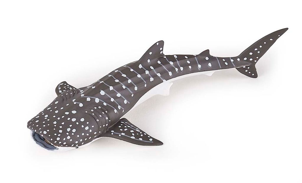 A toy whale shark on a white background.