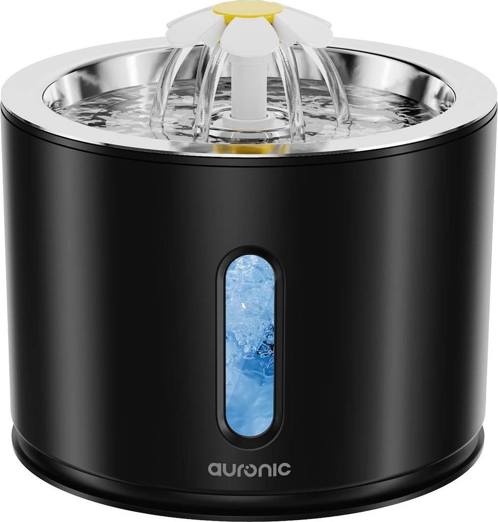 Auronic Trinkbrunnen für Katzen und Hunde - Leiser 2,4L Wasserspender mit 4 Filtern und 2 Bürsten - Wassernapf - Trinknapf - Schwarz
