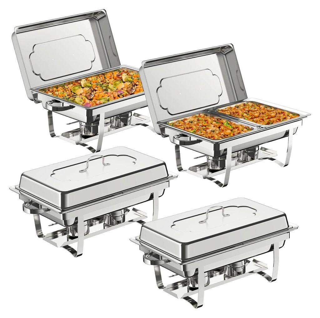 4-teiliges Chafing Dish Buffet Set, 9L Speisewärmer aus Edelstahl, Catering-Serviergestell mit klappbarem Rahmen, Speisepfannen in voller und halb...