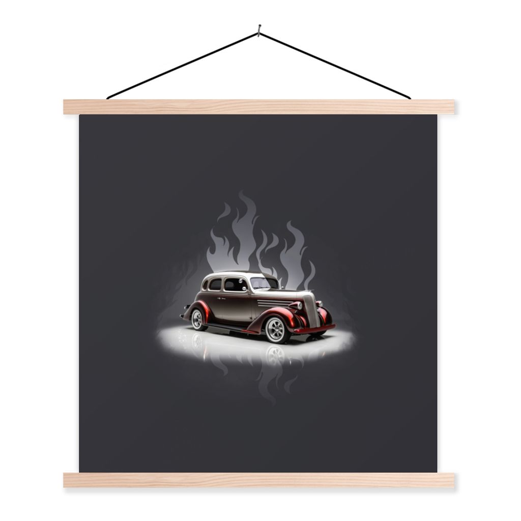 MuchoWow Textilposter Auto - Weiß - Flammen - Vintage 40x40 cm mit holzfarbenen Rahmen - Posterleiste