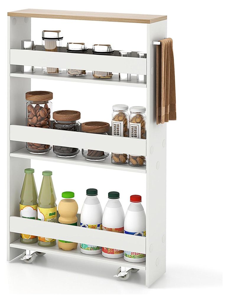 A white and natural wood slim rolling cart filled with various jars and bottles.