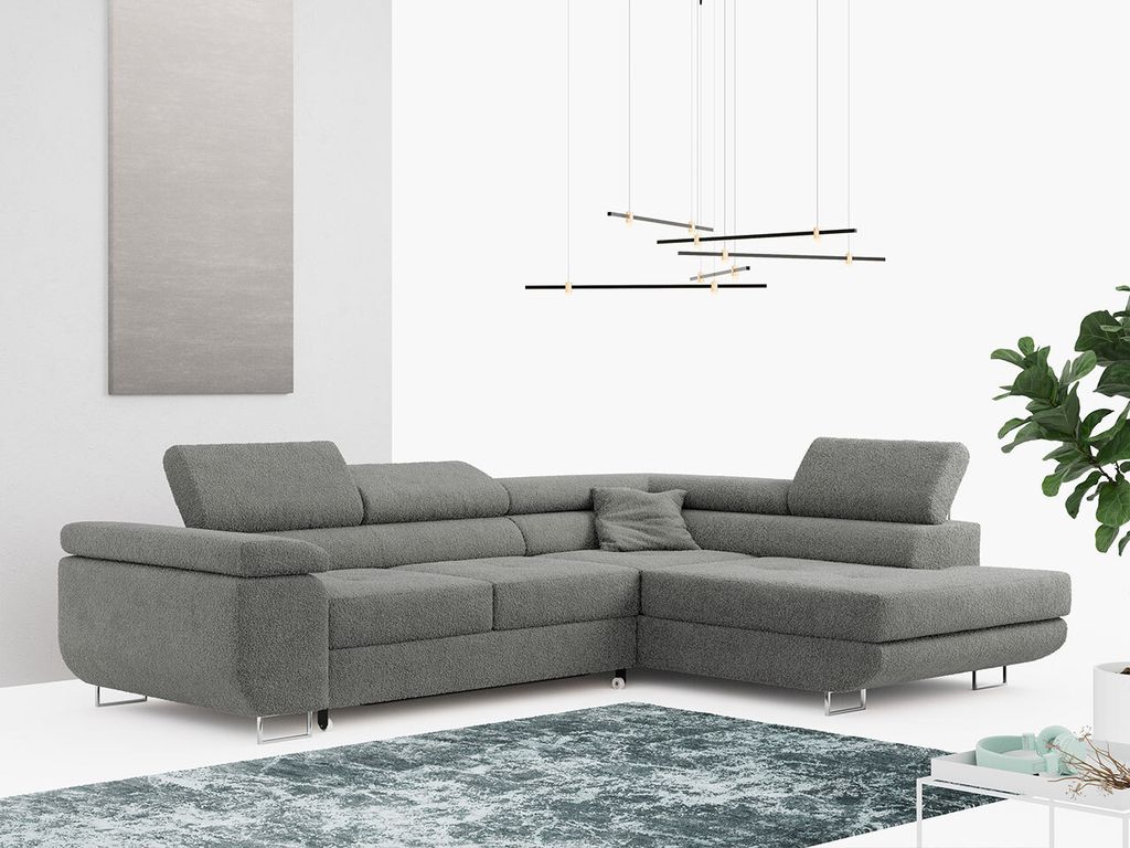 Ecksofa L-Form Couch mit Schlaffunktion und Verstellbare Kopfstützen - GUSTAW - Grau - Rechts