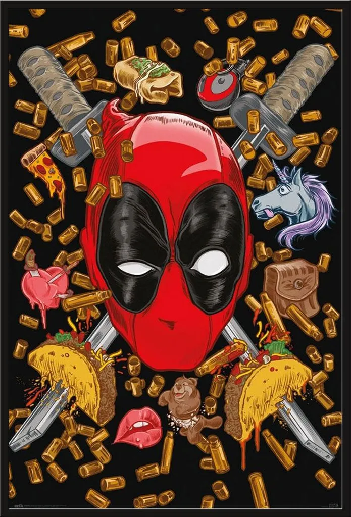 Déco Murale Deadpool encadrée : Affiche Bullets and Chimichangas 61x91cm