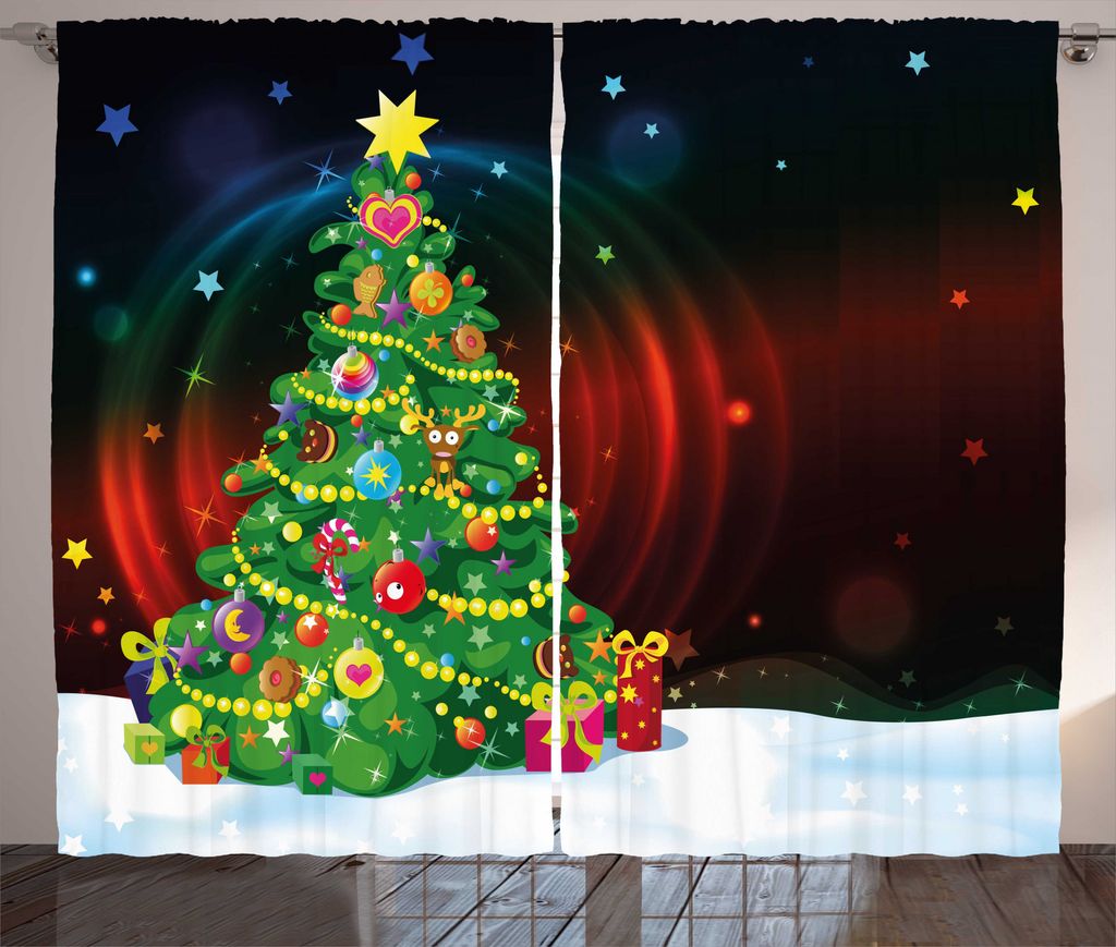 ABAKUHAUS Weihnachten Rustikaler Gardine, Weihnachtsbaum-Karikatur, Schlafzimmer Kräuselband Vorhang mit Schlaufen und Haken, 280 x 175 cm, Mehrfa...