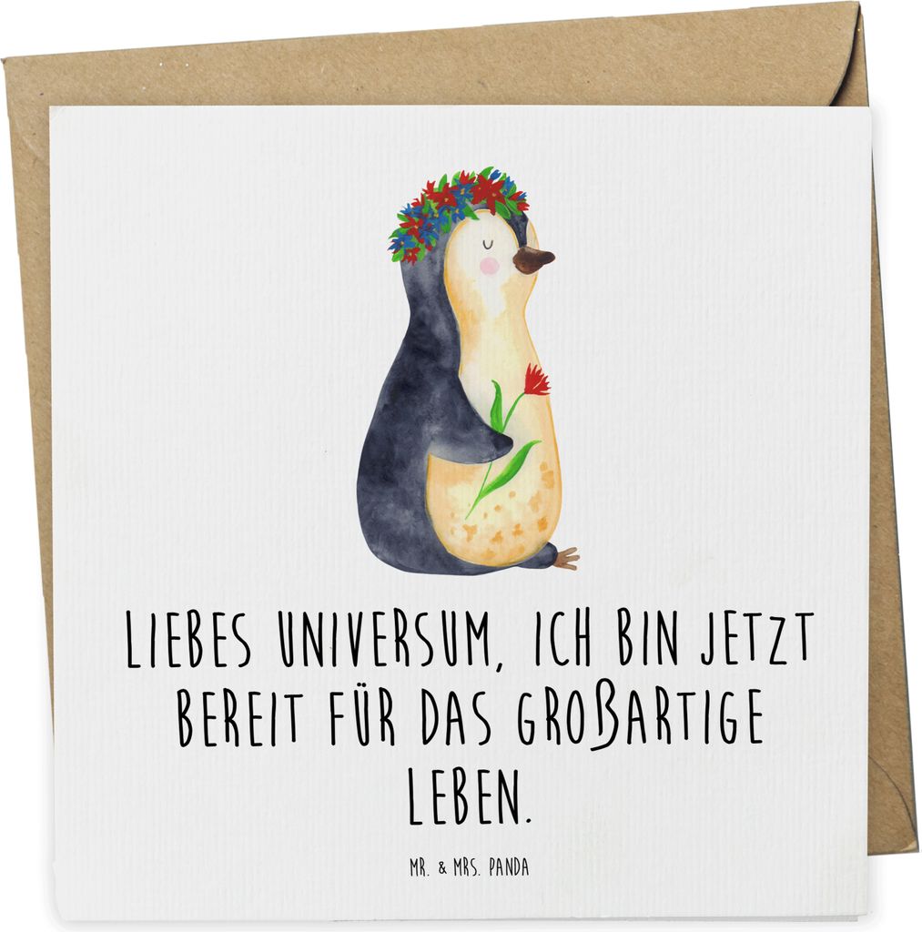 Mr. & Mrs. Panda Klappkarte Pinguin Blumen - Weiß - Geschenk, faltkarte, Grußkarte, doppelkarte, Glückwunschkarte, anlasskarte, Universum, Leben...