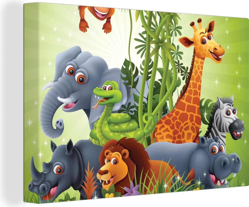OneMillionCanvasses - Leinwandbilder - 140x90 cm, Dschungeltiere - Pflanzen - Kinder - Elefant - Giraffe - Löwe, Wandbilder Kunstdruck Wanddekor...