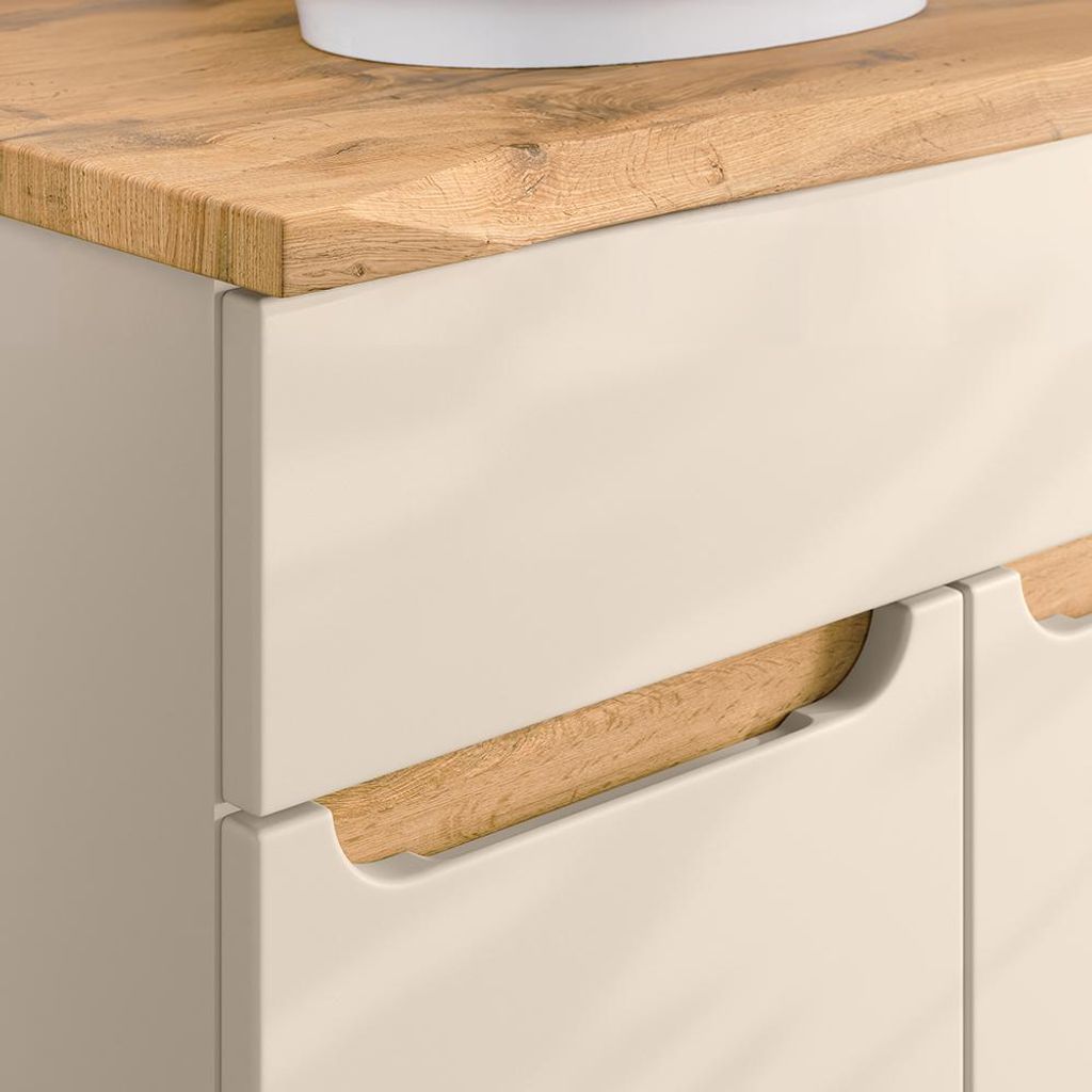 Badmöbel-Set 3-teilig mit 60 cm Waschtischschrank & Spiegelschrank in kaschmir und Eiche mit Baumkantenoptik, modern grifflos - SOLNA-56-CASHMERE