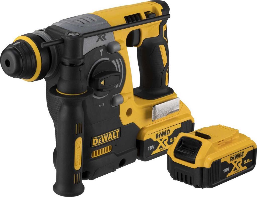 A DeWalt cordless rotary hammer and a spare battery are shown against a white background.
