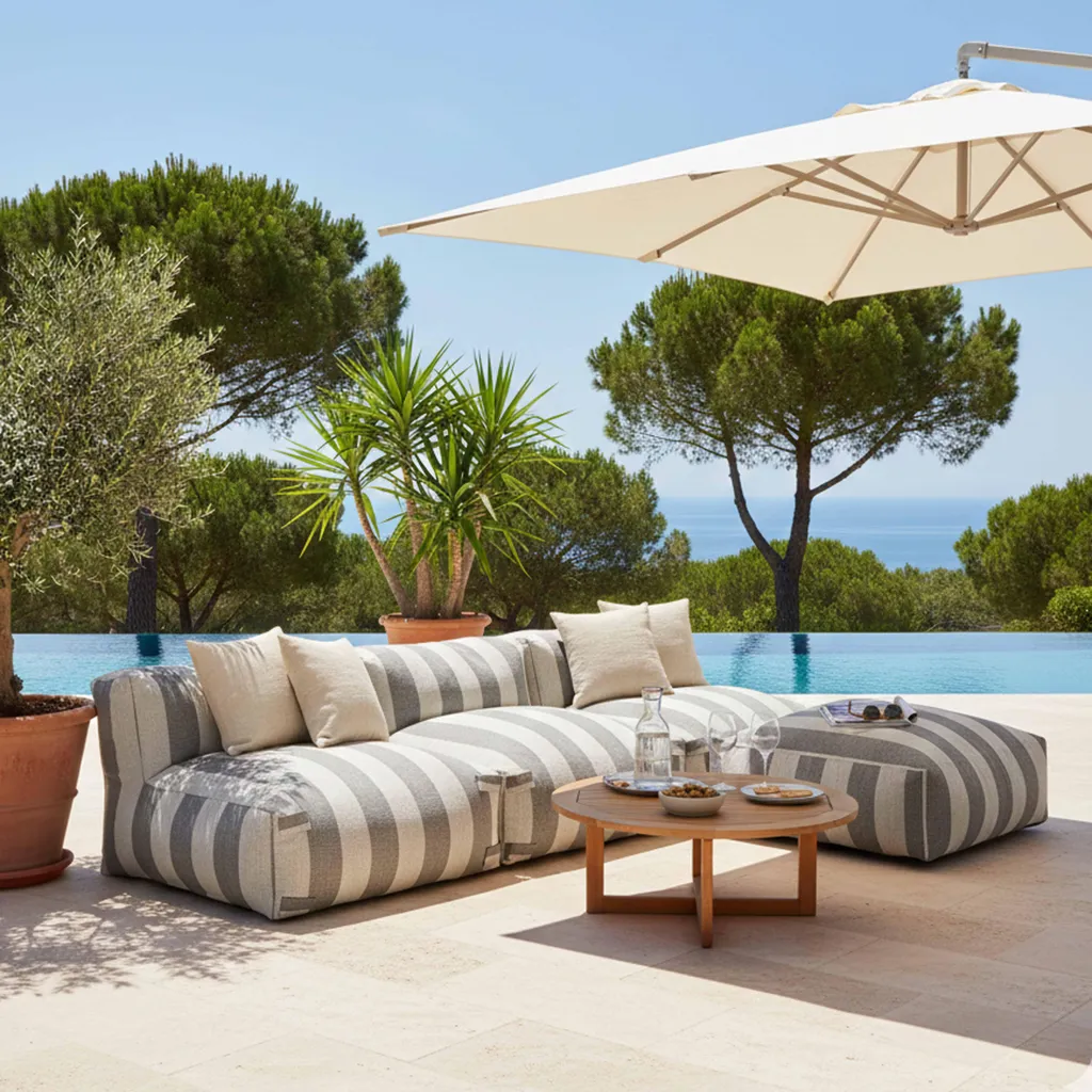 Salon de jardin modulable Oviala Mixi 3 chauffeuses et pouf gris rayé